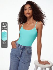 SHEIN BASICS 1件女款純色修身休閒細肩帶背心上衣 白色上衣 - 薄荷綠 - 查看 13