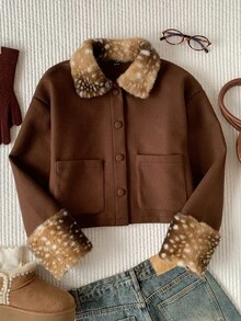 Comfortcana Women's Vintage Faux Fur Patchwork Cuff Button Jacket - Brown - View 1