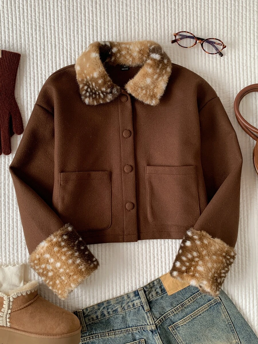 Comfortcana Women's Vintage Faux Fur Patchwork Cuff Button Jacket - Brown - View 1