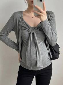 DAZY Slim Fit Tie Bow Tank Top Short Cardigan Casual Vacation Korean Style Spring Autumn Maternity 2 Pieces Set - Grey - View 4