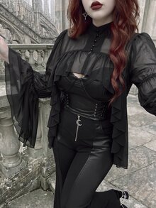 Whyspr Gothic Cold Elegant Ascetic Style Lightweight Sheer Chiffon Stand Collar Blouse, Double Layer Hollow Back Multi-Layer Ruffle Hem Long Flared Sleeve Crop Top, Dark Style Semi-See-Through Chiffon Stand Collar Shirt, Hollow Back Small Ruffle Layer Flared Long Sleeve Crop Top - Black - View 3