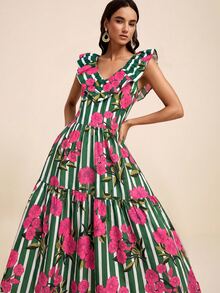 LOTSLUV Women's Spring/Summer Vacation V-Neck Structured Ruffle Embroidered Cinched Waist Ruched Blue Striped And Pink Floral Placement Print Dress - Green - View 5