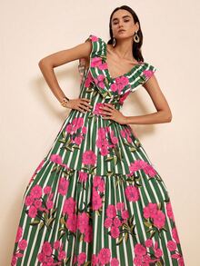 LOTSLUV Women's Spring/Summer Vacation V-Neck Structured Ruffle Embroidered Cinched Waist Ruched Blue Striped And Pink Floral Placement Print Dress - Green - View 7