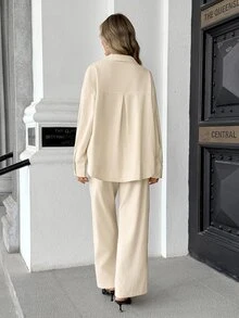 Pariaura New Women's Long Sleeve Polo Collar Commuter Blended Shirt With Double Pockets And Loose Wide Leg Pants 2 Pieces Set - Beige - View 2