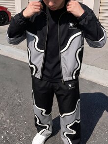 SHEIN 秋冬青少年男孩2件套 黑色與灰色波浪對比色立領拉鍊夾克外套與波浪滿版印花慢跑長褲 街頭運動套裝 - 黑色 - 查看 5