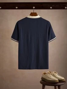 Manfinity Homme 男士時尚休閒通勤短袖 Polo 衫，男士針織提花上衣，男士圖案短袖 Polo 衫，復古風格，老錢風，適合日常休閒、週末旅行，可作為男友/丈夫禮物，派對、夏季度假、海灘穿著、夏威夷婚禮及春夏穿著 - 藍色 - 查看 2