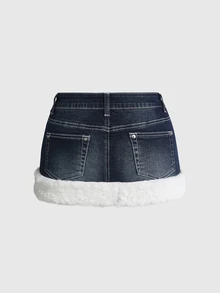 ROMWE Rok Mini Denim Patchwork Bulu Kelinci Musim Gugur/Dingin Wanita Gaya Y2K Hot Girl - MultiWarna - View 2
