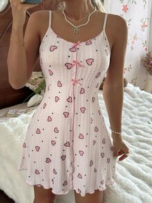 CottageSlumber Soft Pink Heart Pattern Nightgown With Delicate Bow Decor, Lazy Home Cami Dress - Baby Pink - View 3