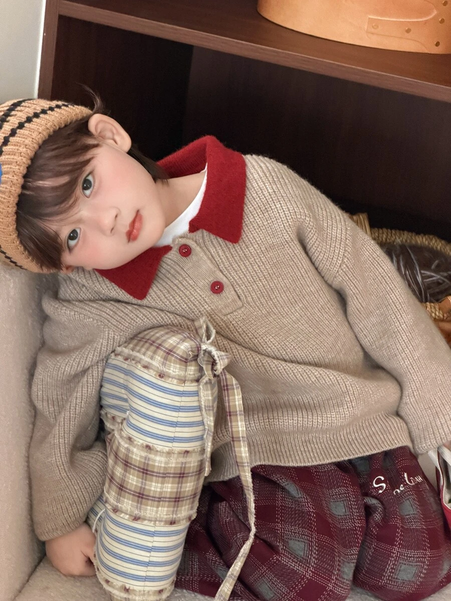 DAZY Infant (Boy) Contrast Color Turn Collar Long Sleeve Autumn/Winter Sweater - Apricot - View 1
