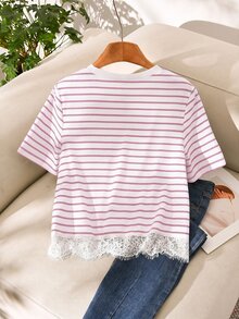 Story & Sage 休閒浪漫居家度假女款 T-shirt，春夏寬鬆紫色與白色拼接蕾絲飾邊短袖 T-shirt，適合早午餐穿著 - 淺粉色 - 查看 2