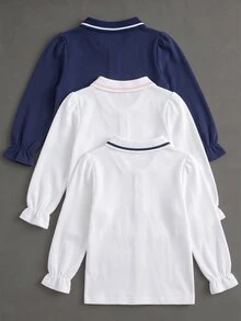Elladie kids 女童 3 件組蝴蝶結長袖 Polo 衫，條紋立領精緻圓鈕扣，長袖 T 恤，基本素色修身 T 恤，適合返校季 - 彩色 - 查看 2