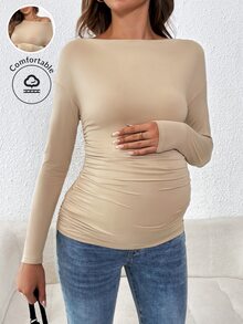 SHEIN Maternity Solid Color Boat Neck Pleated Long Sleeve Fitted T-Shirt - Khaki - View 1