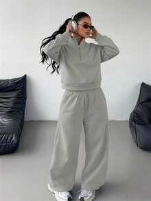 DAZY American Style Half-Zip Sweatshirt 2 Pieces Set For Women, Cropped Waist-Exposing Top And Loose Wide-Leg Sweatpants - Grey - View 5