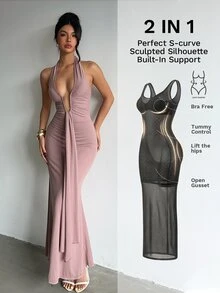 Nuvra Women's 2-In-1 Halter Neck Tie Strap Tummy Control Butt Lift Waist Shaping Body Sculpting Long Dress - Brown - View 1