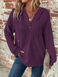 SHEIN Clasi Plus Size Women's Solid Color Raglan Long Sleeve Button Half-Placket Drawstring Hooded Sweatshirt Fall - Purple - View 3