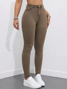 SHEIN ICON 女款休閒日常牛仔褲，附口袋與鈕扣 - 棕色 - 查看 7