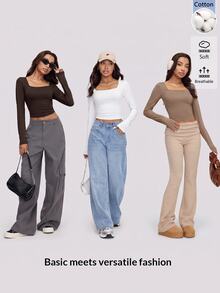SHEIN BASICS 3件組女款純色方領T恤 - 彩色 - 查看 10