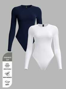SHEIN BASICS 2件組女款純色針織圓領長袖連身衣，黑白配色 - 彩色 - 查看 10