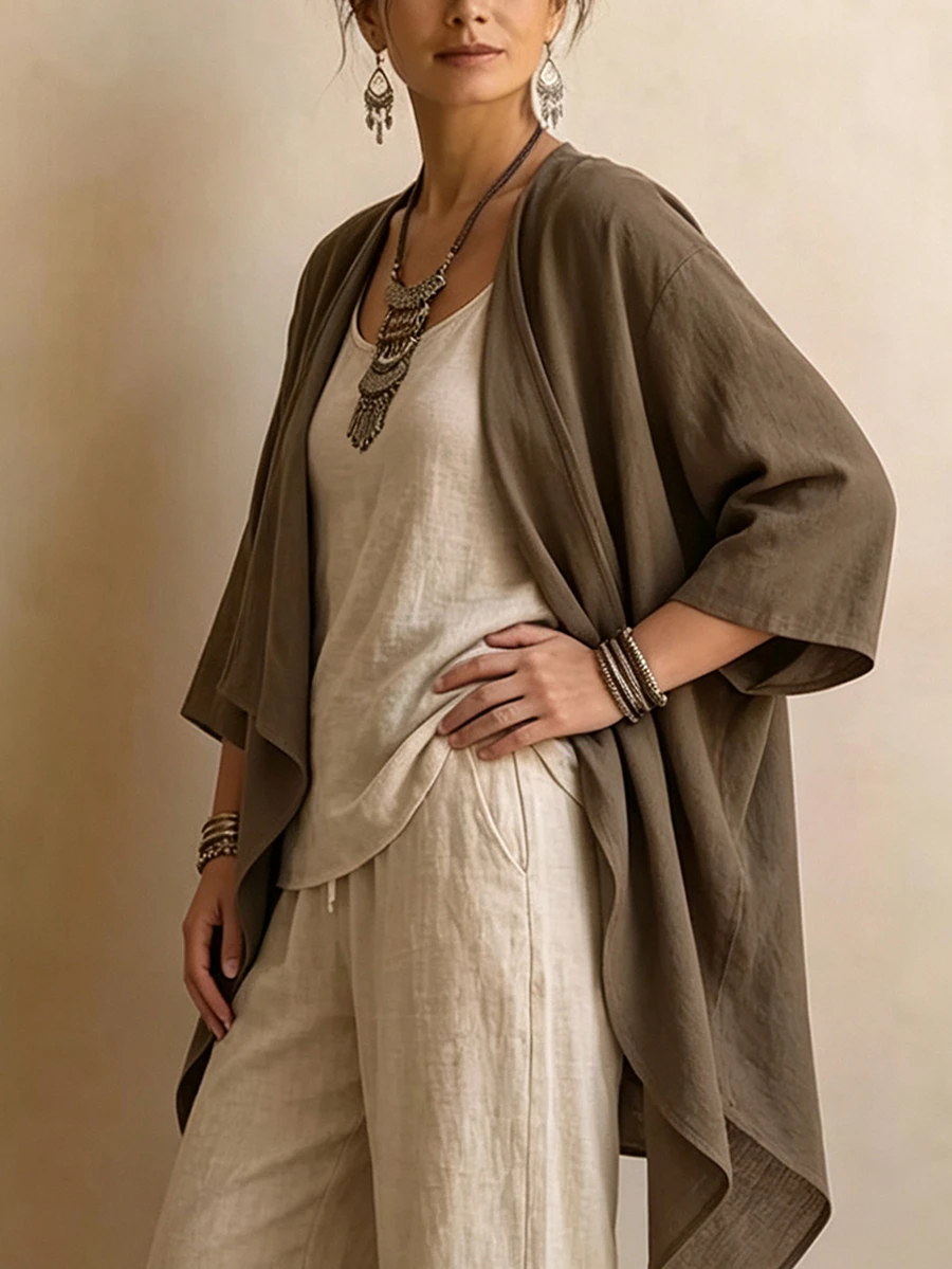Linhara CURVE Cape-Style Loose Fit 3/4 Wide Sleeve Relaxed Vintage Linen Zen Style Plus Size Jacket - Coffee Brown - View 1