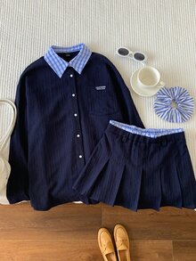 Comfortcana 女款字母印花撞色長袖上衣與百褶迷你裙兩件套 - 藏蓝色 - 查看 9