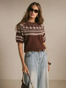 Poéselle Women's Casual Versatile Pullover, Fair Isle Pattern Short Sleeve, Suitable For Daily Wear,Women Fall Winter Sweater,Fashionable Tops - Brown - View 8