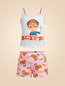 Blippi X SHEIN Young Girl Cartoon Print Camisole And Shorts Underwear Set - Pink - View 1