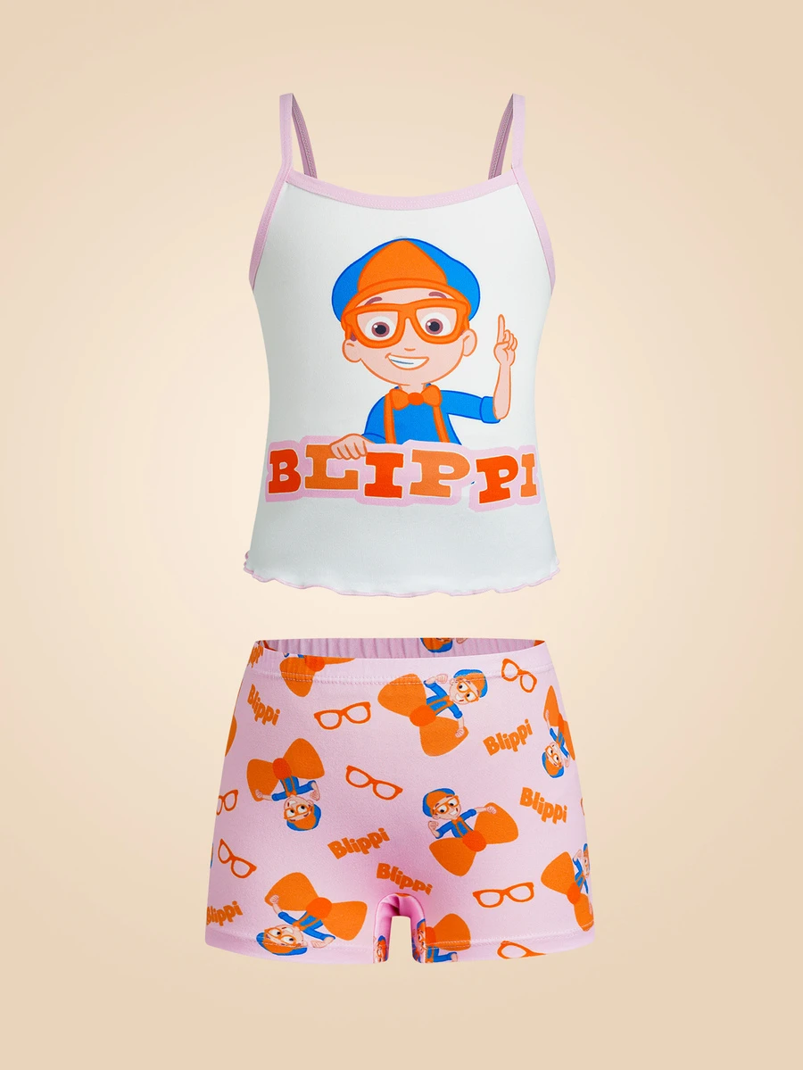 Blippi X SHEIN Young Girl Cartoon Print Camisole And Shorts Underwear Set - Pink - View 1