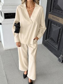Pariaura New Women's Long Sleeve Polo Collar Commuter Blended Shirt With Double Pockets And Loose Wide Leg Pants 2 Pieces Set - Beige - View 3