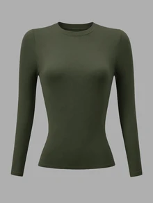 INAWLY Plus Size Women's Solid Color Round Neck Long Sleeve Slim Fit Crew Neck T-Shirt Casual Basic Tight Base Layer Top Daily Wear Knit Ribbed T-Shirt - Multicolor - View 3