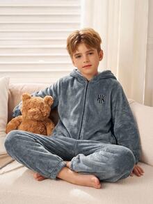 SHEIN Tween Boy Autumn/Winter Minimalist Letter Embroidered Pattern Long Sleeve Hooded Zip-Up Soft Skin-Friendly Flannel Loungewear Jumpsuit - Grey - View 8