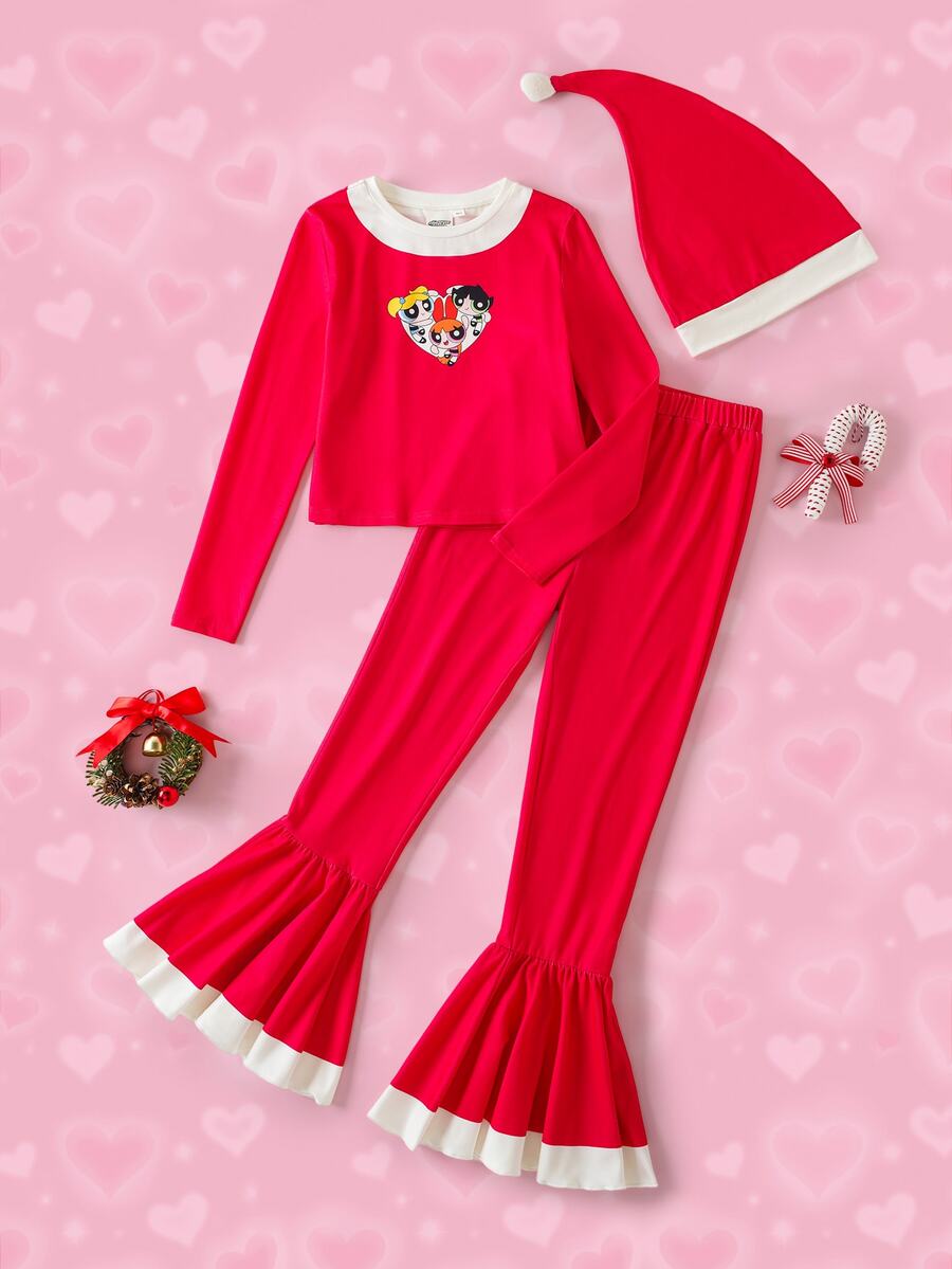 THE POWERPUFF GIRLS X SHEIN Tween Girl Crew Neck Long Sleeve Top And Flare Pants Loungewear - Red and White - View 1