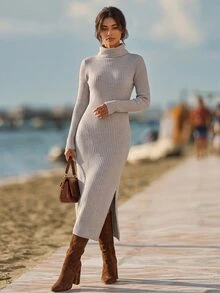 Faunlyn Women's Solid Color High Neck Long Sleeve Slim Fit Elegant Knit Dress - Grey - View 4