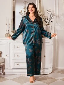 MuseNap CURVE Women's Plus Size Botanical Print Faux Silk Open Front Lapel Long Sleeve Pants Pajama Set - Dark Green - View 2