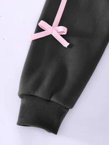 SHEIN 青少年女孩抓絨運動衫套裝 字母印花蝴蝶結裝飾 寬腿長褲 秋季休閒穿搭 - 深灰色 - 查看 4