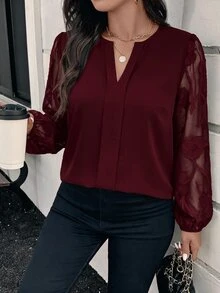 Reflora Plus Size Elegant Cutout V-Neck Business Blouse - Burgundy - View 6