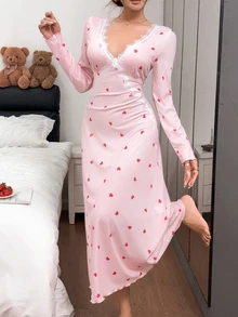 Napfluff Sweet Heart Print Gentle Style Lace Patchwork Backless Tie Long Sleeve Long Nightgown For Women - Pink - View 7