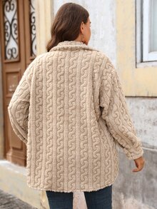 EMERY ROSE Plus Size Women's Fall Casual Fleece Solid Color Cable Pattern Jacket, Autumn/Winter,Button-Up Jacket With Pocket,Winter Coat,Warm,Going Out Outfits - Apricot - View 2