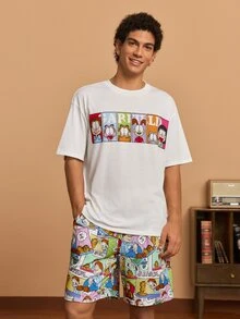 GARFIELD | SHEIN Men's Cartoon Print Short Sleeve T-Shirt And Shorts Loungewear Set - White - View 1