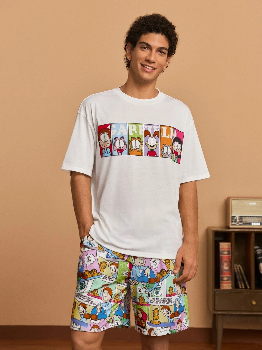 GARFIELD | SHEIN Men's Cartoon Print Short Sleeve T-Shirt And Shorts Loungewear Set - White - View 1