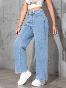 SHEIN PETITE 女款秋季休閒復古高腰寬腿鈕扣開襟藍色牛仔褲，適合外出與日常穿著 - 藍色 - 查看 5