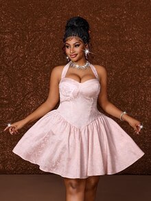 Maweii Plus-Size Sexy Pink Cold Shoulder Backless Dress - Pink - View 4