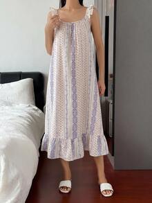 DAZY Vestido Longo de Dormir Feminino com Alças Finas e Babado Floral Delicado - Roxo - Visão 7