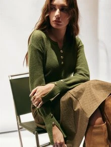 SHEIN Women's Sweater Slim Fit Lantern Sleeve Knitted Henley Neck Metal Buttons Ribbed Hem Elegant Retro Casual Green Solid Fall Clothes For Women Autumn - Army Green - View 9