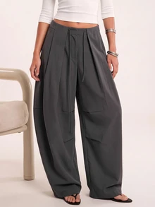 Avantive Women's Simple Pleated Tie Waist Loose Long Pants For Vacation & Travel - Grey - View 5