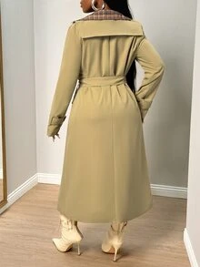 SHEIN BamGlam Mantel Panjang Wanita Model Terbaru Musim Gugur-Dingin 2026, Berlengan Panjang, Berkerah Kancing Depan, Kain Bermotif Kontras, Dilengkapi Sabuk, Cocok untuk Pakaian Luar di Musim Gugur dan Musim Dingin - Khaki - View 3