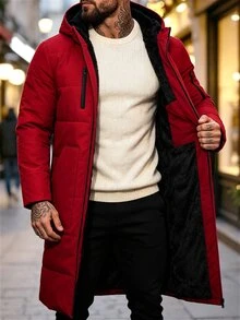 Manfinity Homme 男士字母圖案休閒日常穿著冬季連帽填充外套 - 紅色 - 查看 2