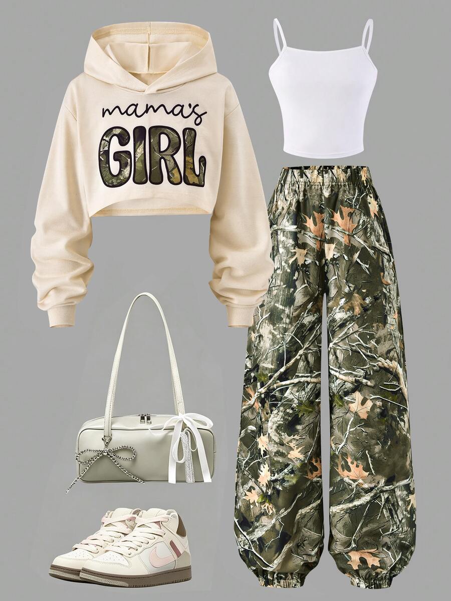 SHEIN 3pcs/Set Girls Camouflage Pattern Sweatshirt Top With Camouflage Casual Tapered Leg Pants, Suitable For Spring And Autumn Daily Wear - Multicolor - View 1