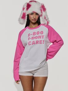 MUSERA Pink Cotton Graphic Printed Oversized Long Sleeve Tshirt Summer Autumn Cute Everyday Y2K - White - View 2