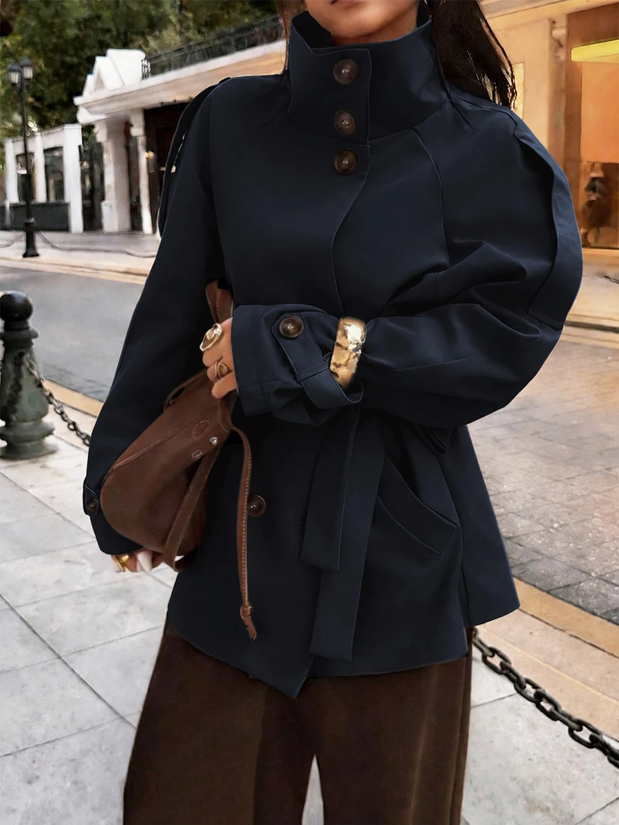 SHEIN x Luisa Sonza Elyressa 女款素色插肩袖長袖休閒通勤風衣外套 - 藍色 - 查看 1