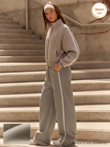 GLOWMODE Cozy Street Collection Everyday Fleece Jetsetter Relaxed Straight-Leg Pants With Double Piping & Studded Pockets Daily Casual Fall Winter Wear - Khaki - View 1